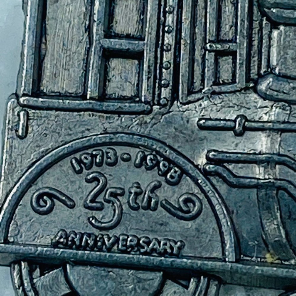 1998 HMK Train 25th Anniversary Tie Tack Pin Pewter Silver Color Steam Engine - Picture 2 of 16